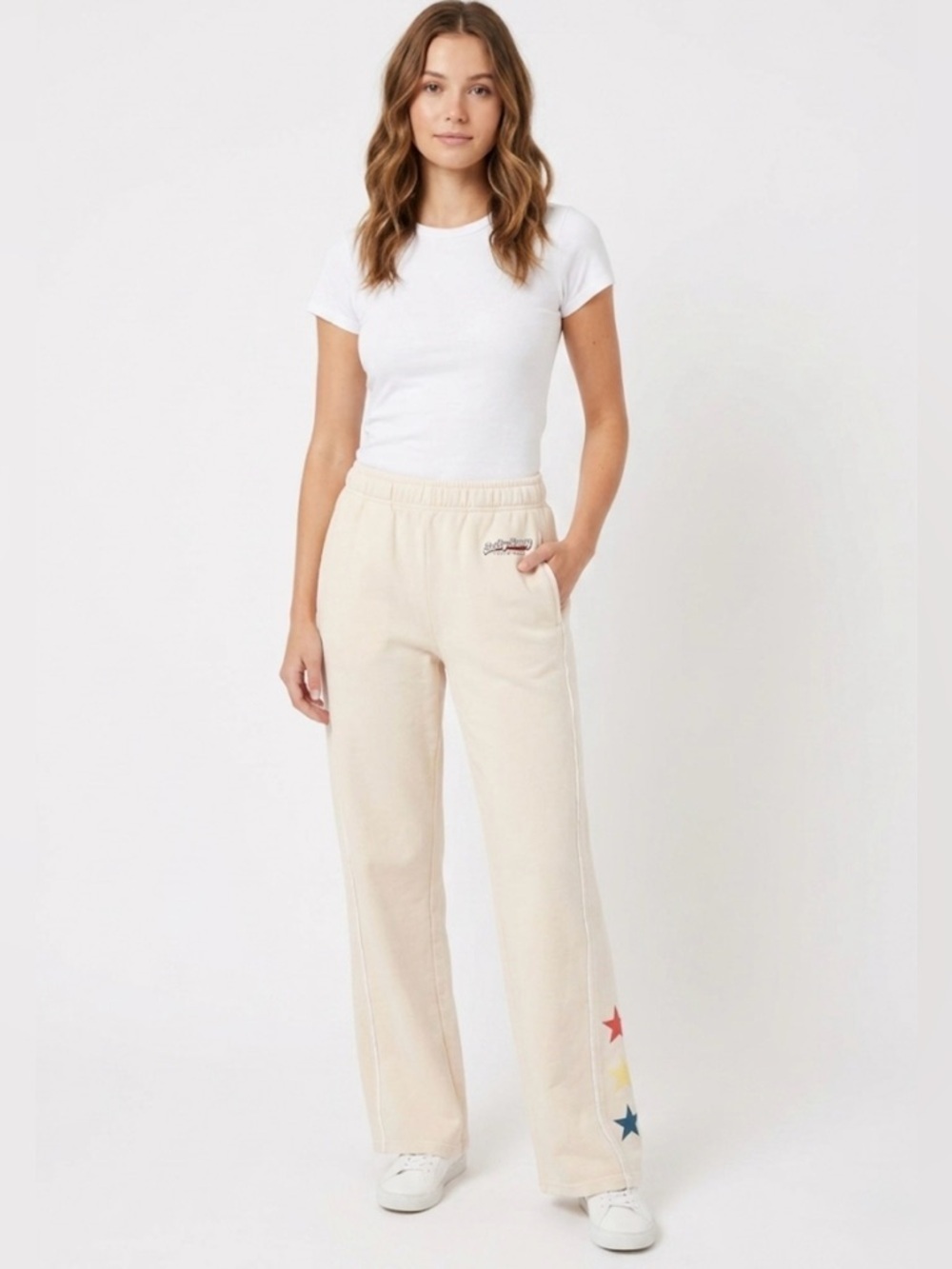 Salty Honey Retro Star Graphic Lounge Pants Cream Tan Wide Leg M